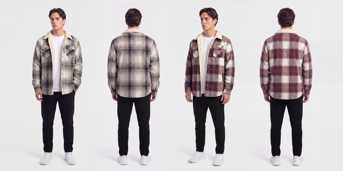 TEAMLTD Plaid Sherpa Jacket in Black Plaid and Burgundy Plaid, front and back views, worn open over a white tee with black pants